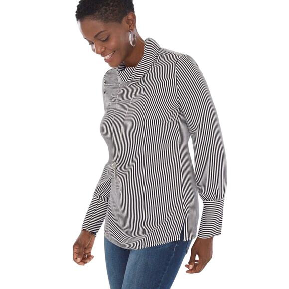 Chicos NWT Black and White Petite Striped Mock Neck Blouse - Picture 1 of 8